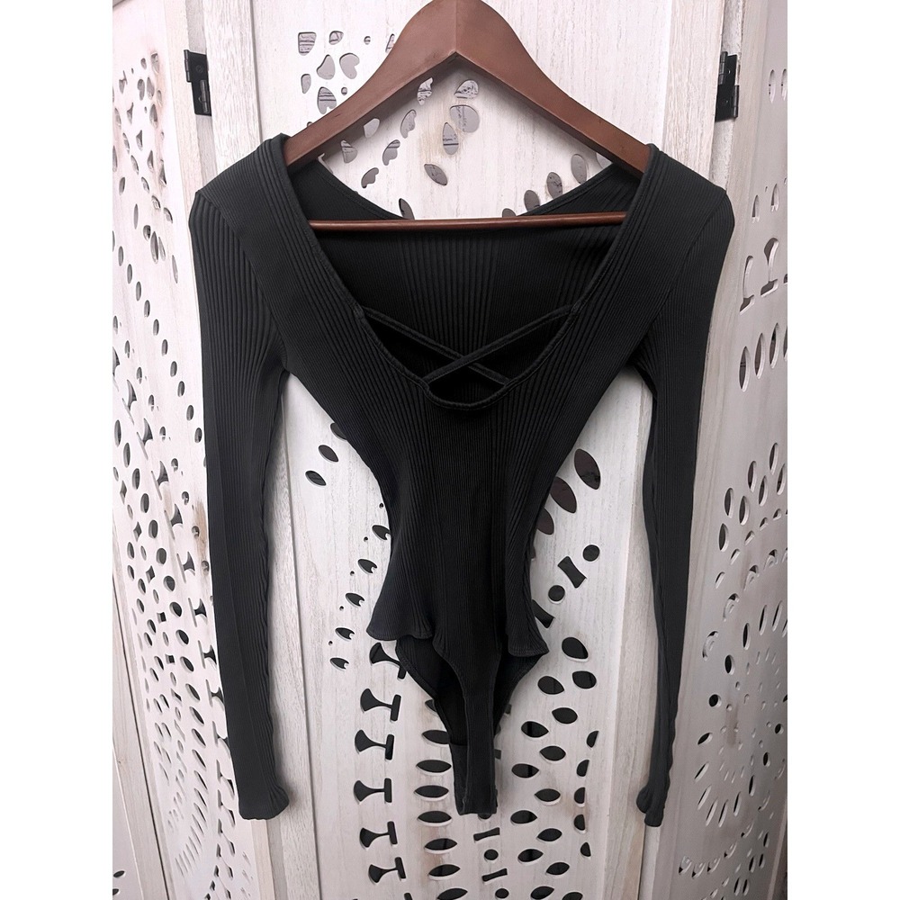 Aerie Bodysuit Womens XS Gray Ribbed Long Sleeve Criss Cross